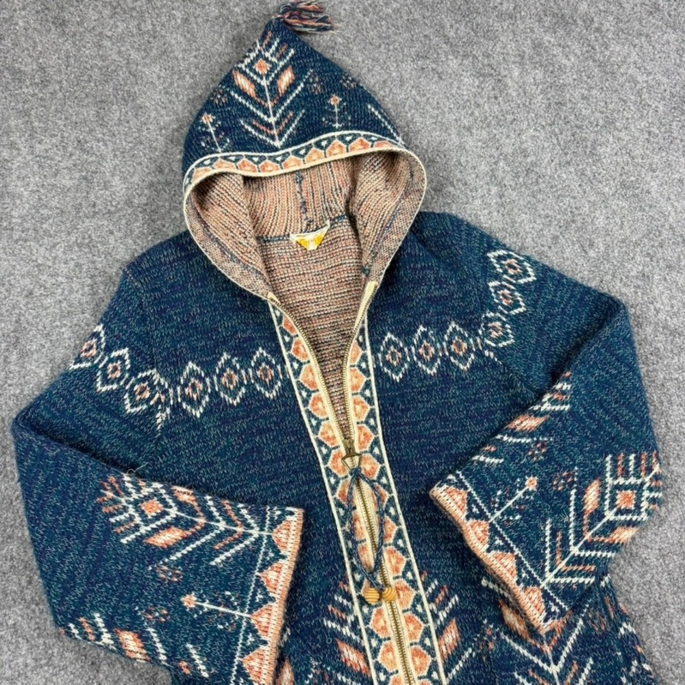 Vtg 70s Aztec Knit Cardigan Women Medium Teal Orange Hooded Zip Up Sweater USA